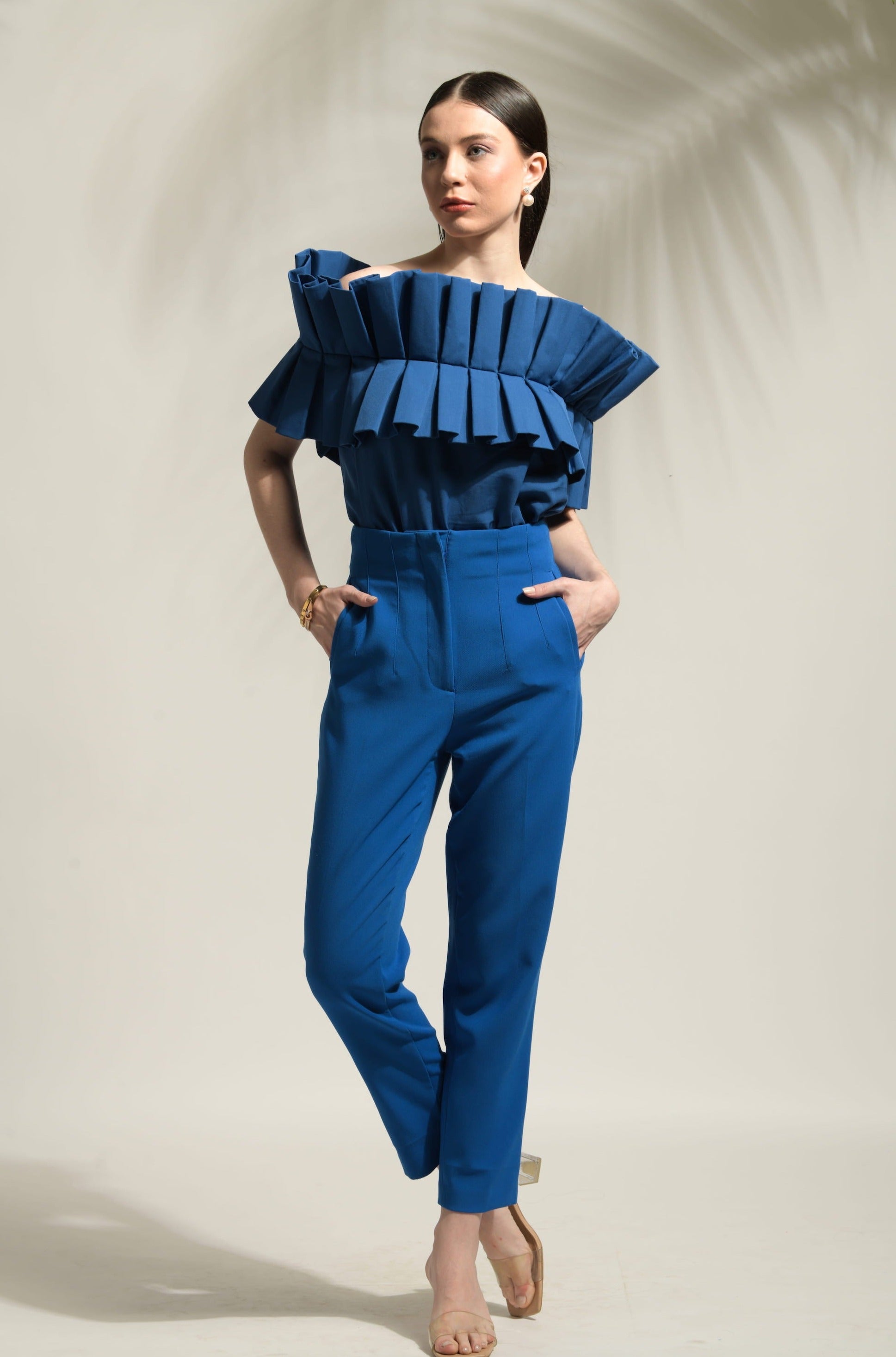 Ruffle detail top cheap and pleated trouser set