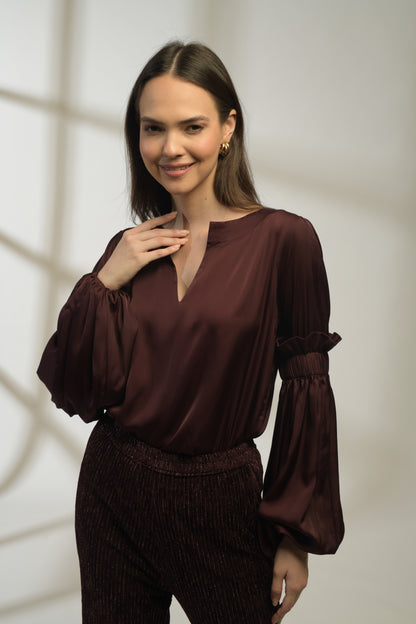 Rosewood Smocked Bishop Sleeve Top with Lurex Velvet Flared Pants - Set of 2 ( Burgundy )