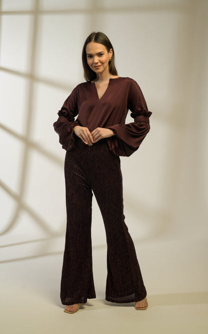 Rosewood Smocked Bishop Sleeve Top with Lurex Velvet Flared Pants - Set of 2 ( Burgundy )