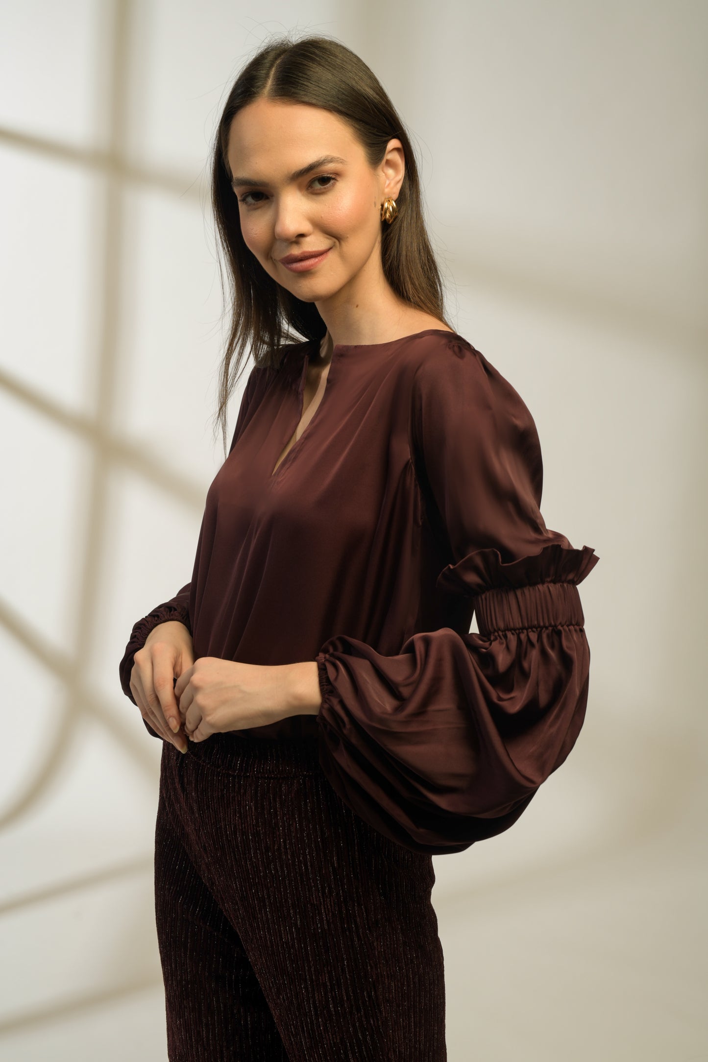 Rosewood Smocked Bishop Sleeve Top with Lurex Velvet Flared Pants - Set of 2 ( Burgundy )