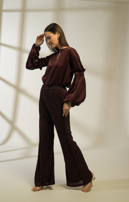 Rosewood Smocked Bishop Sleeve Top with Lurex Velvet Flared Pants - Set of 2 ( Burgundy )