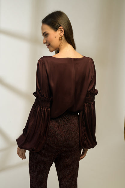 Rosewood Smocked Bishop Sleeve Top with Lurex Velvet Flared Pants - Set of 2 ( Burgundy )