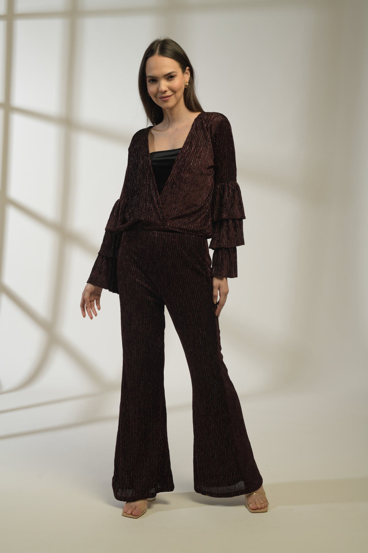 Merlot Lurex Velvet 3 Tiered Flared Sleeves Top