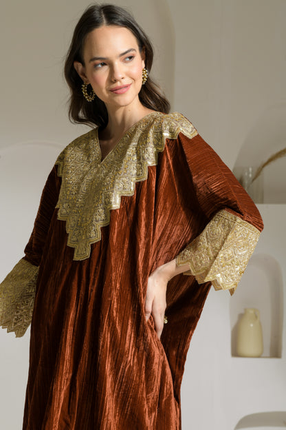 Sehr Crushed Velvet Kaftan with Detailed Neckline and Straight Fit Pants - Set of 2 ( Burnt Orange )