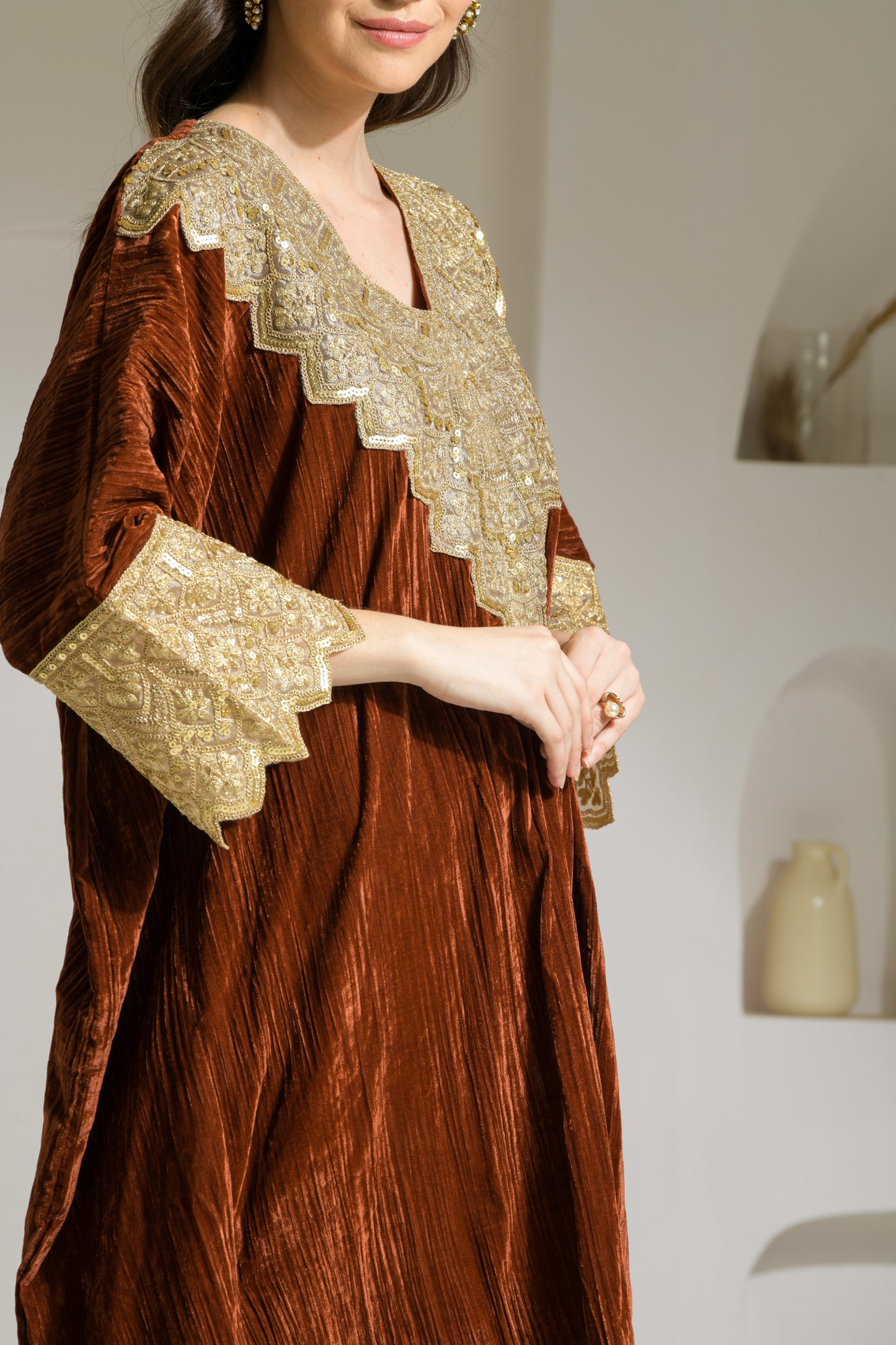 Sehr Crushed Velvet Kaftan with Detailed Neckline and Straight Fit Pants - Set of 2 ( Burnt Orange )