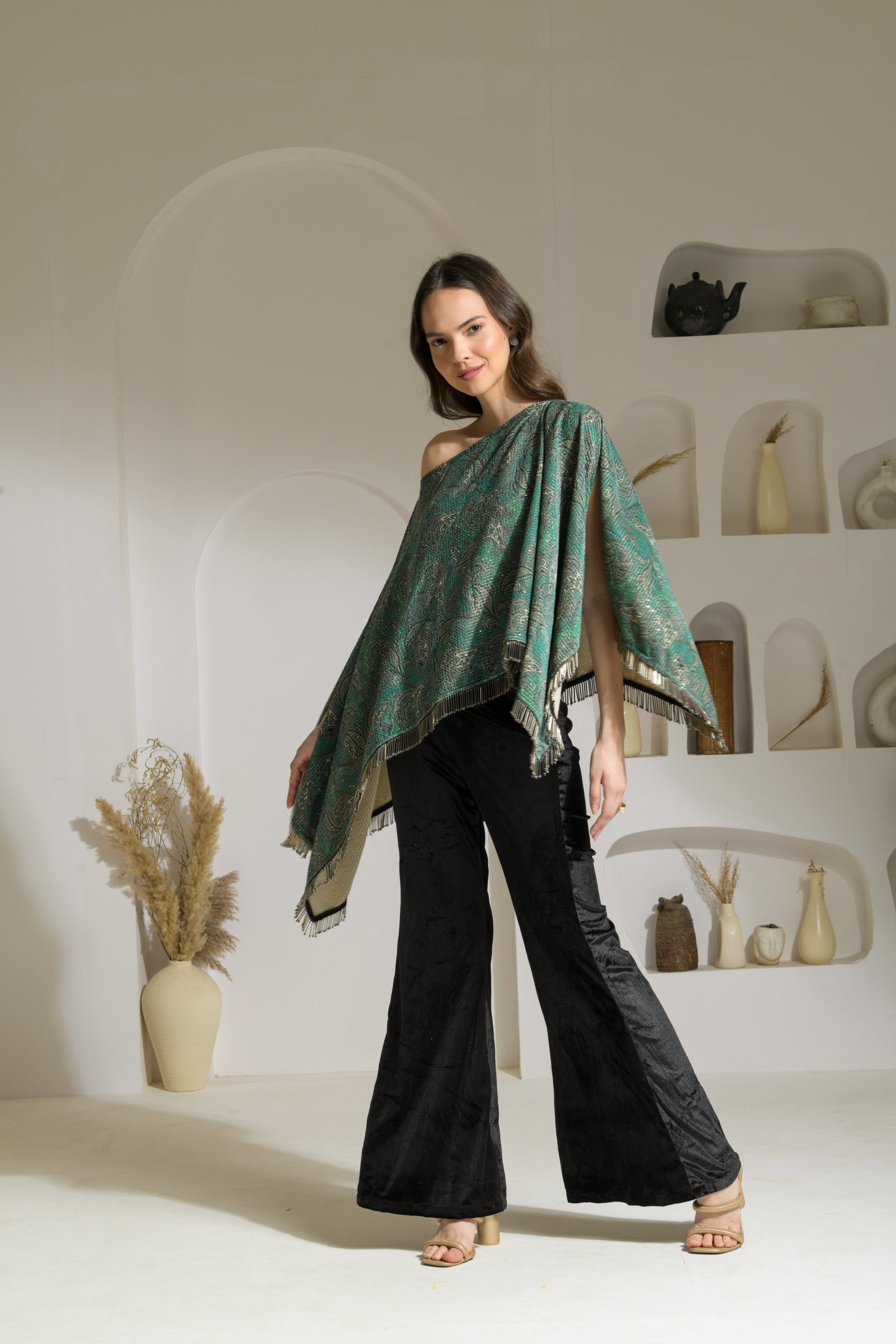 Aasira Printed Lurex Velvet Asymmetric Cape