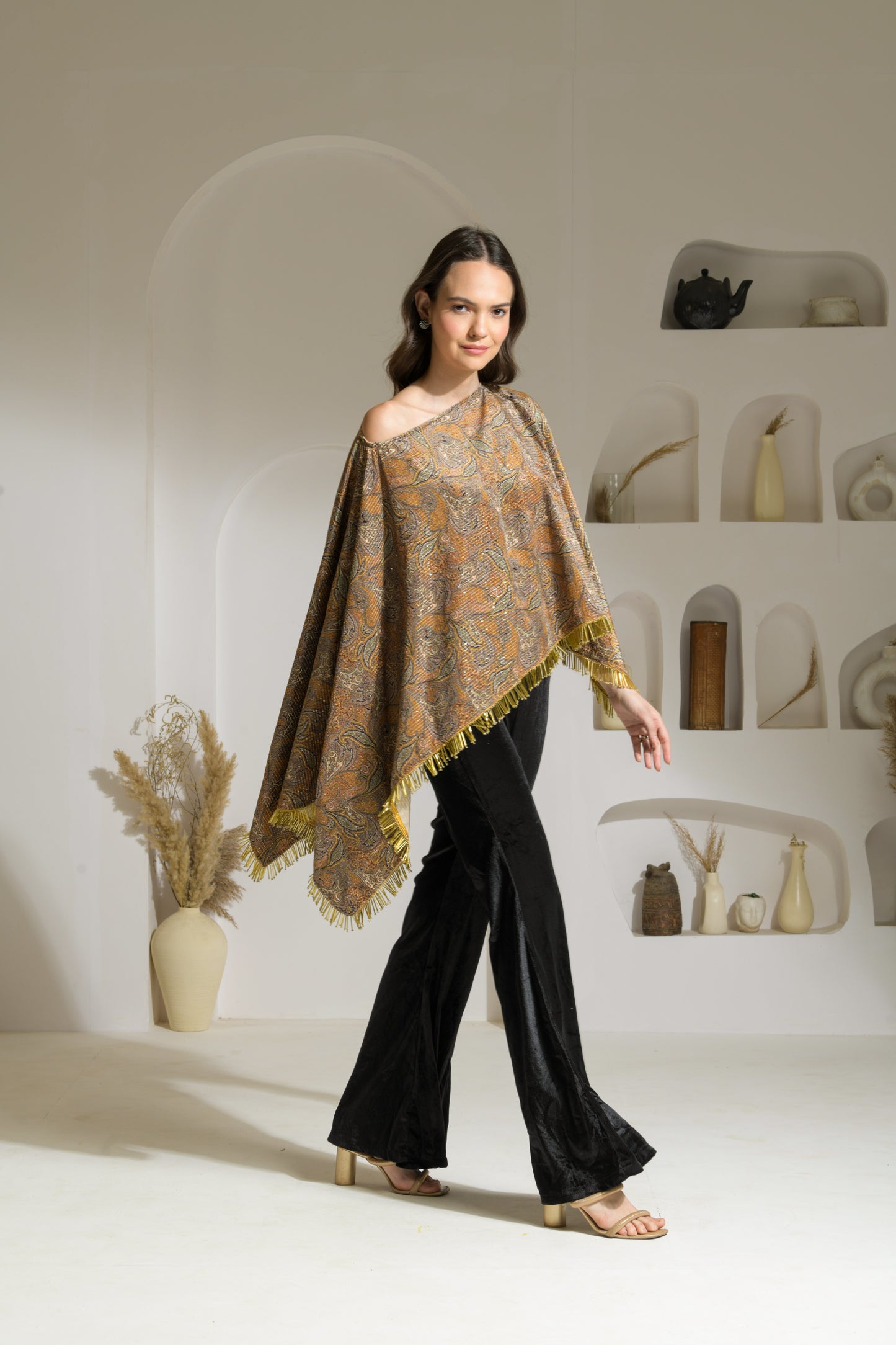 Aasira Printed Lurex Velvet Asymmetric Cape