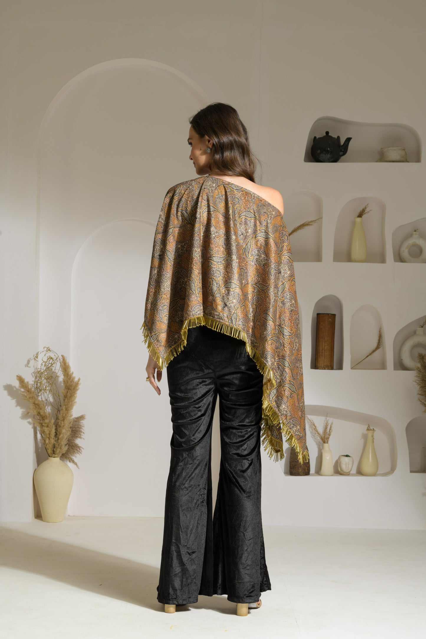 Aasira Printed Lurex Velvet Asymmetric Cape