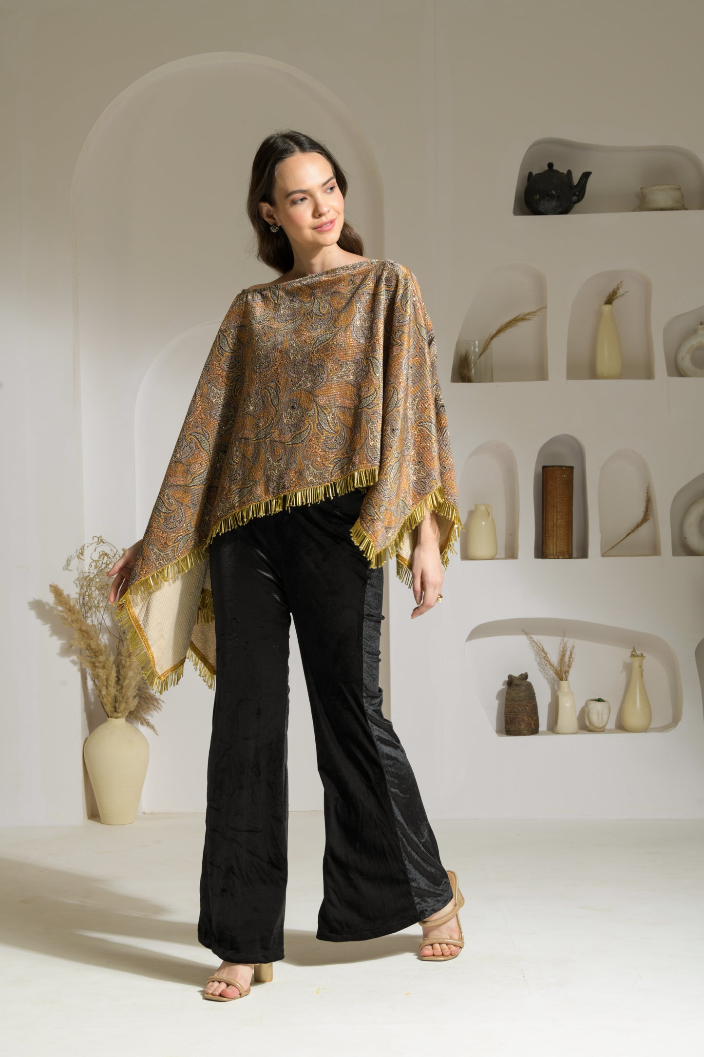 Aasira Printed Lurex Velvet Asymmetric Cape with Velvet Fit & Flared Trousers