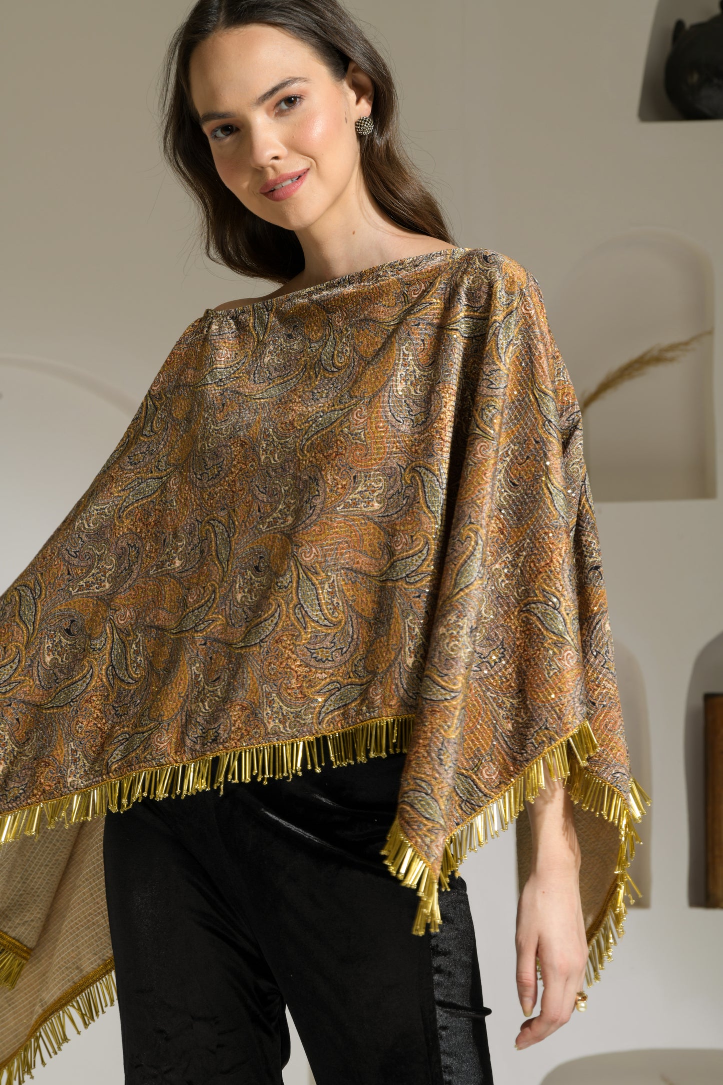 Aasira Printed Lurex Velvet Asymmetric Cape