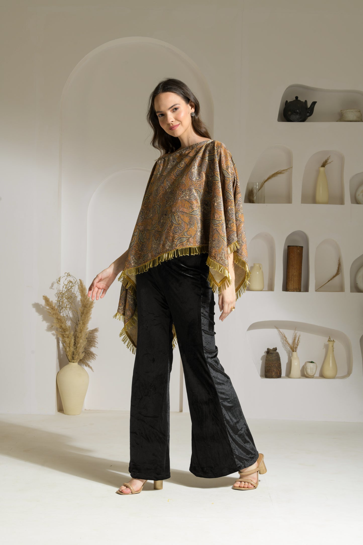 Aasira Printed Lurex Velvet Asymmetric Cape with Velvet Fit & Flared Trousers