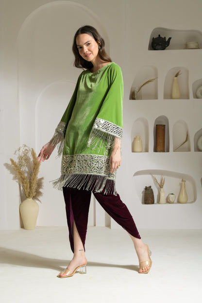 Gul Velvet mirror work A-line Kurta with Tulip Pants and Velvet Stole - Set of 3 ( Lime Green & Burgundy )