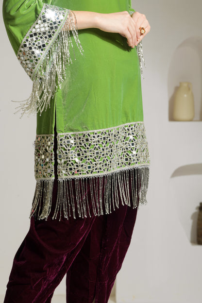 Gul Velvet mirror work A-line Kurta with Tulip Pants and Velvet Stole - Set of 3 ( Lime Green & Burgundy )