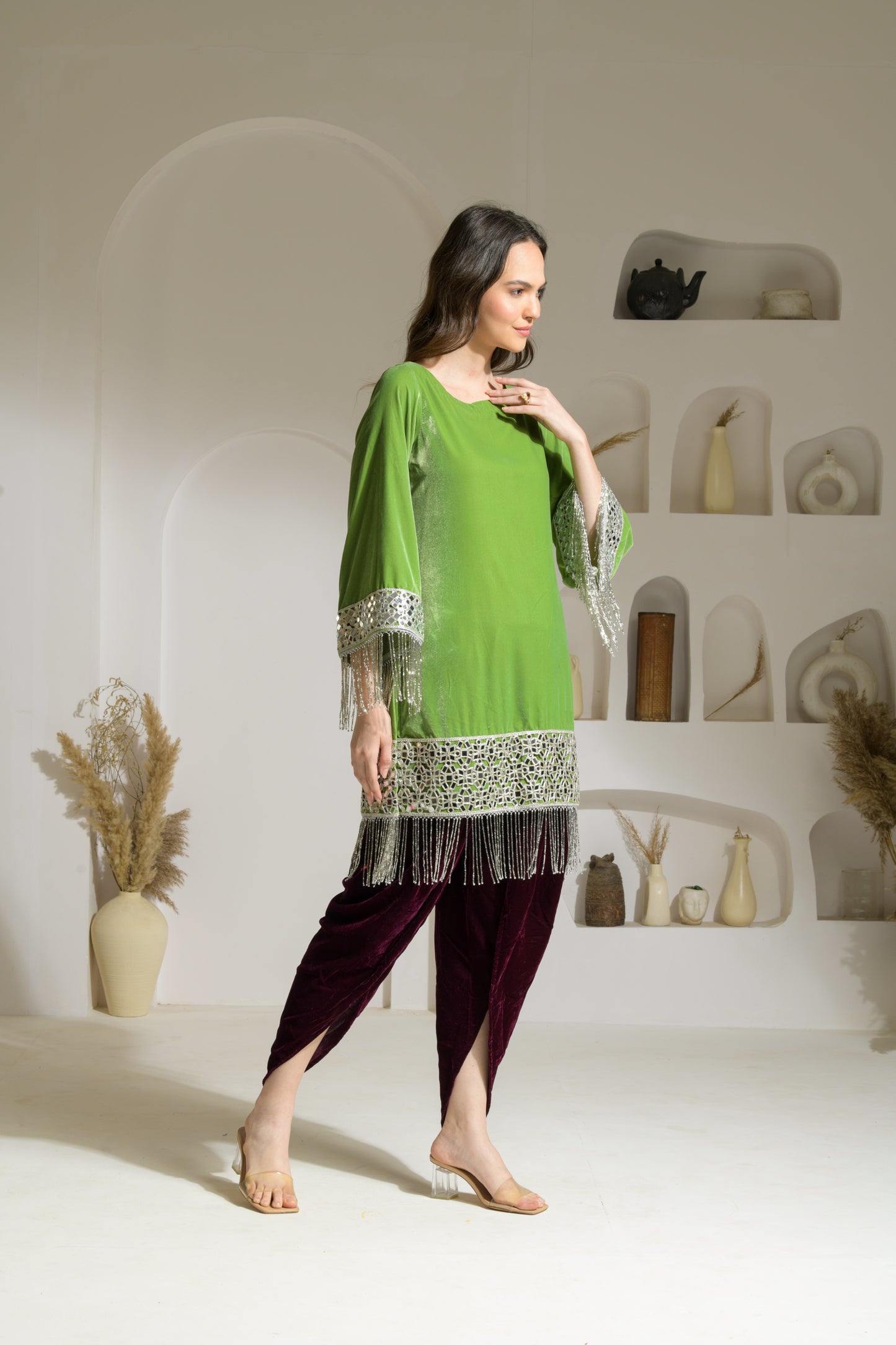 Gul Velvet mirror work A-line Kurta with Tulip Pants and Velvet Stole - Set of 3 ( Lime Green & Burgundy )