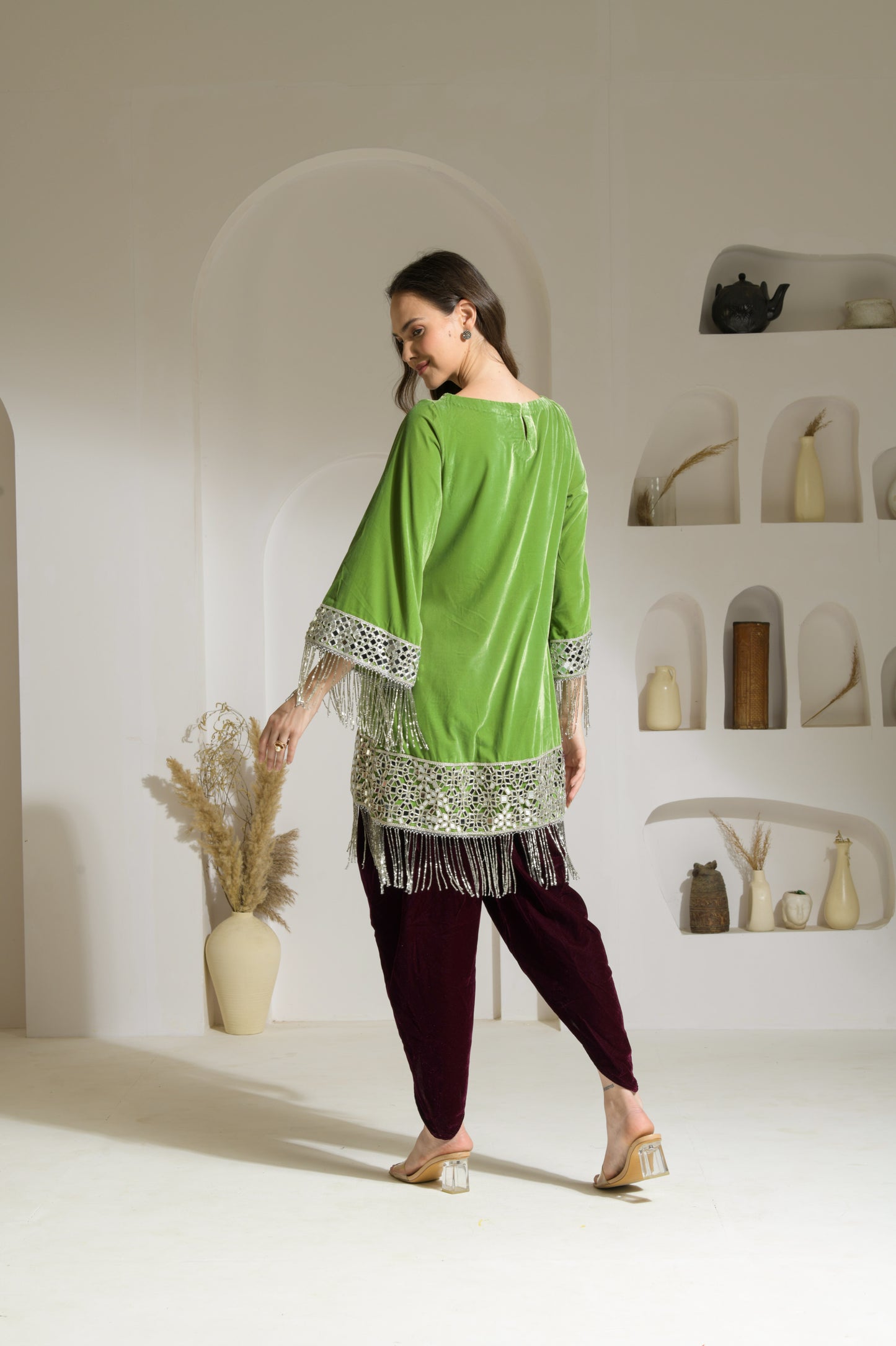 Gul Velvet mirror work A-line Kurta with Tulip Pants and Velvet Stole - Set of 3 ( Lime Green & Burgundy )