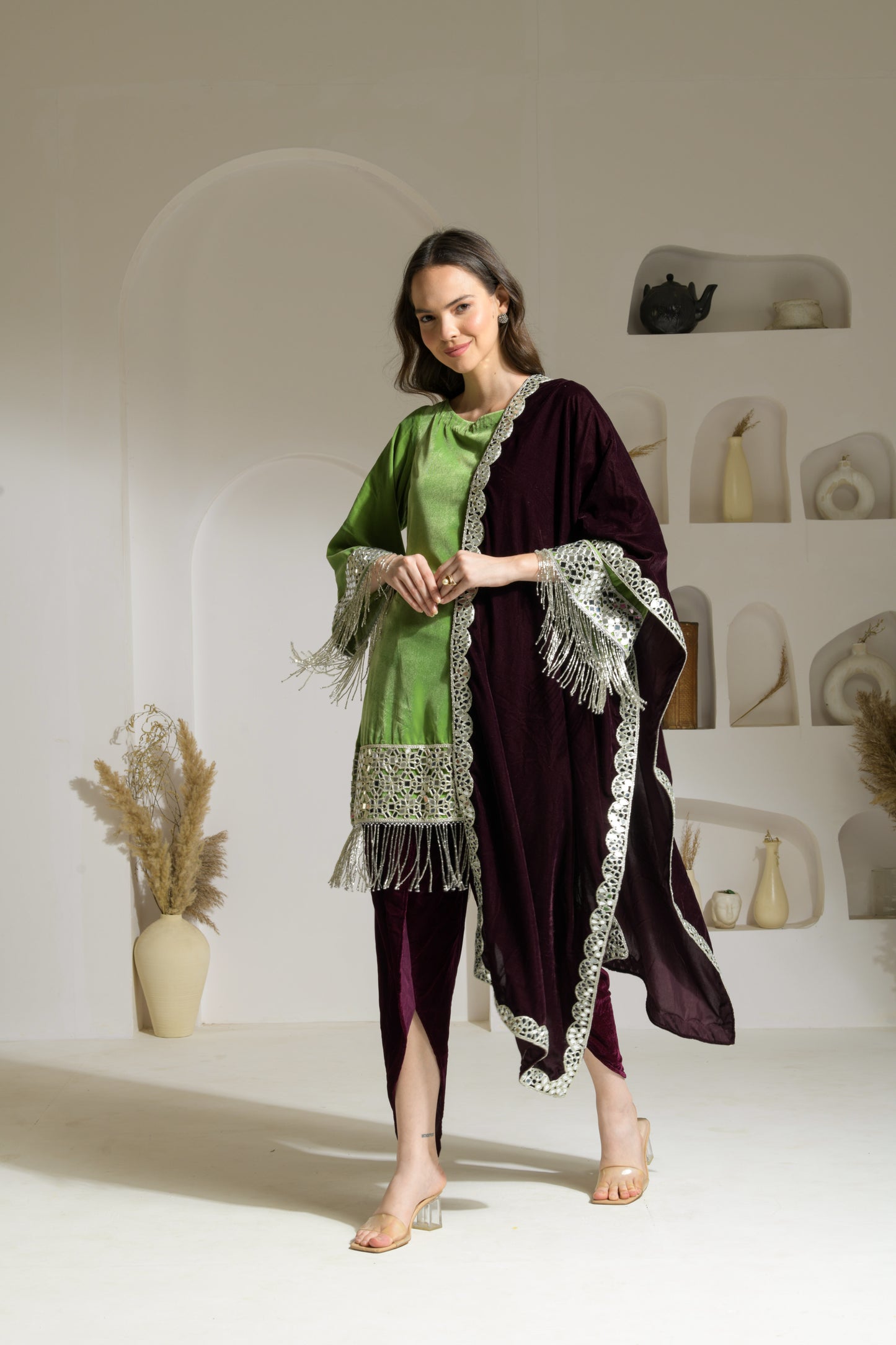 Gul Velvet mirror work A-line Kurta with Tulip Pants and Velvet Stole - Set of 3 ( Lime Green & Burgundy )