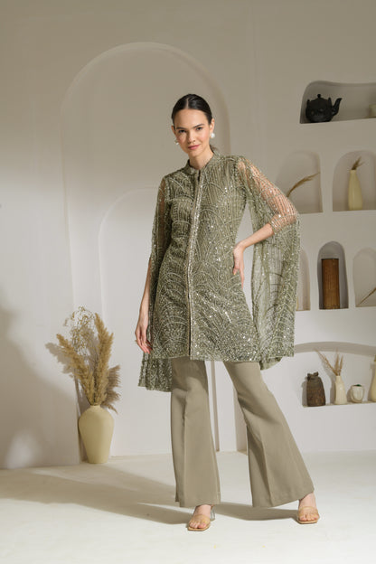 Sage Hand Embellished Cape Sleeves Tunic with Flared Pants - Set of 2