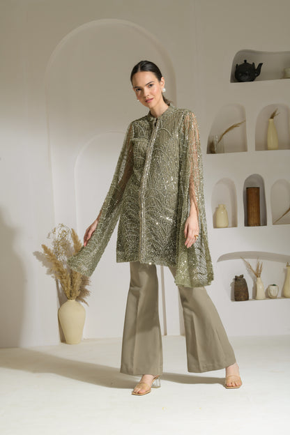 Sage Hand Embellished Cape Sleeves Tunic with Flared Pants - Set of 2