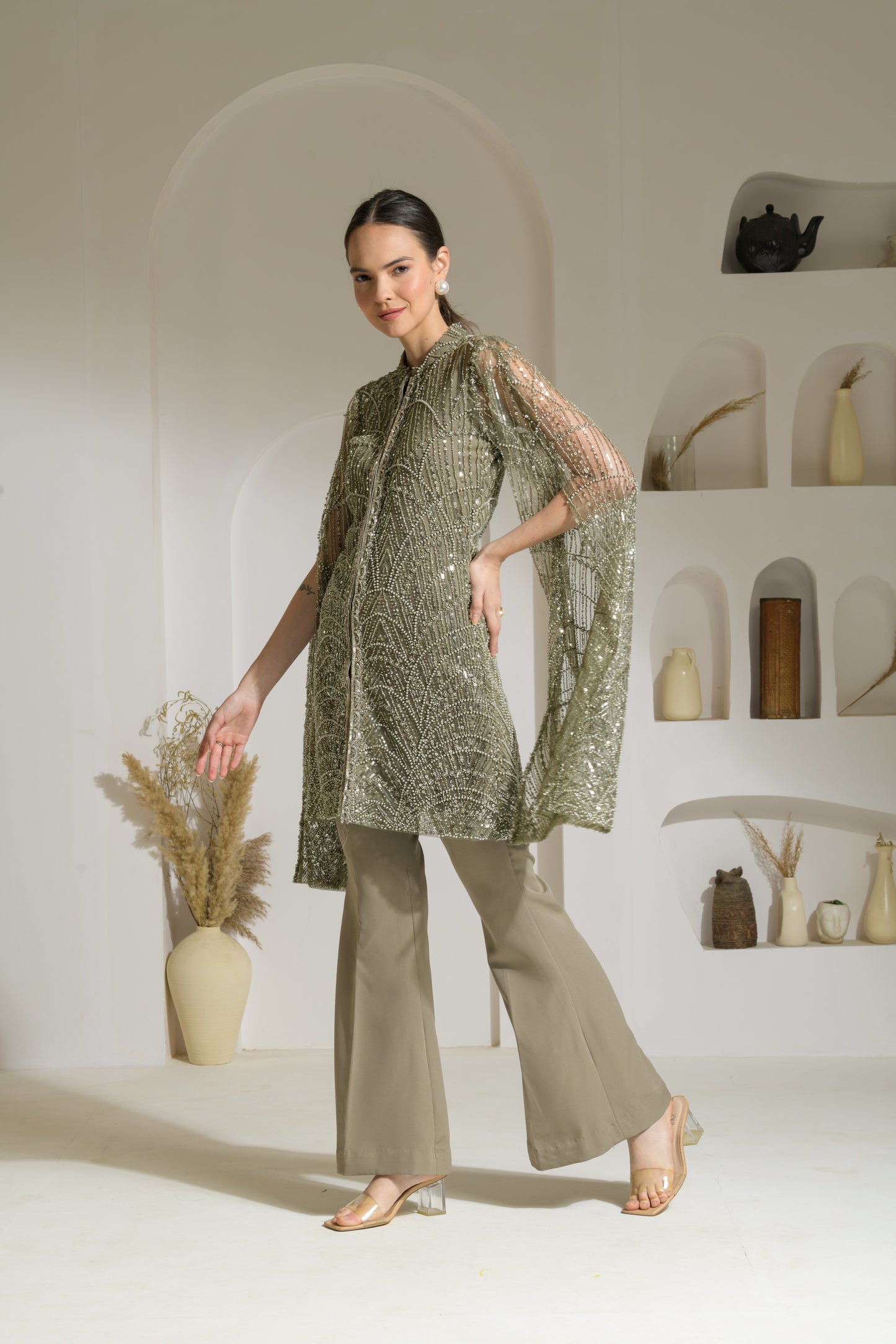 Sage Hand Embellished Cape Sleeves Tunic with Flared Pants - Set of 2