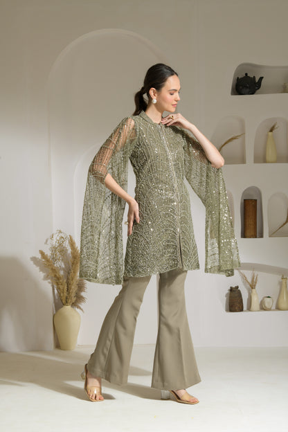 Sage Hand Embellished Cape Sleeves Tunic with Flared Pants - Set of 2