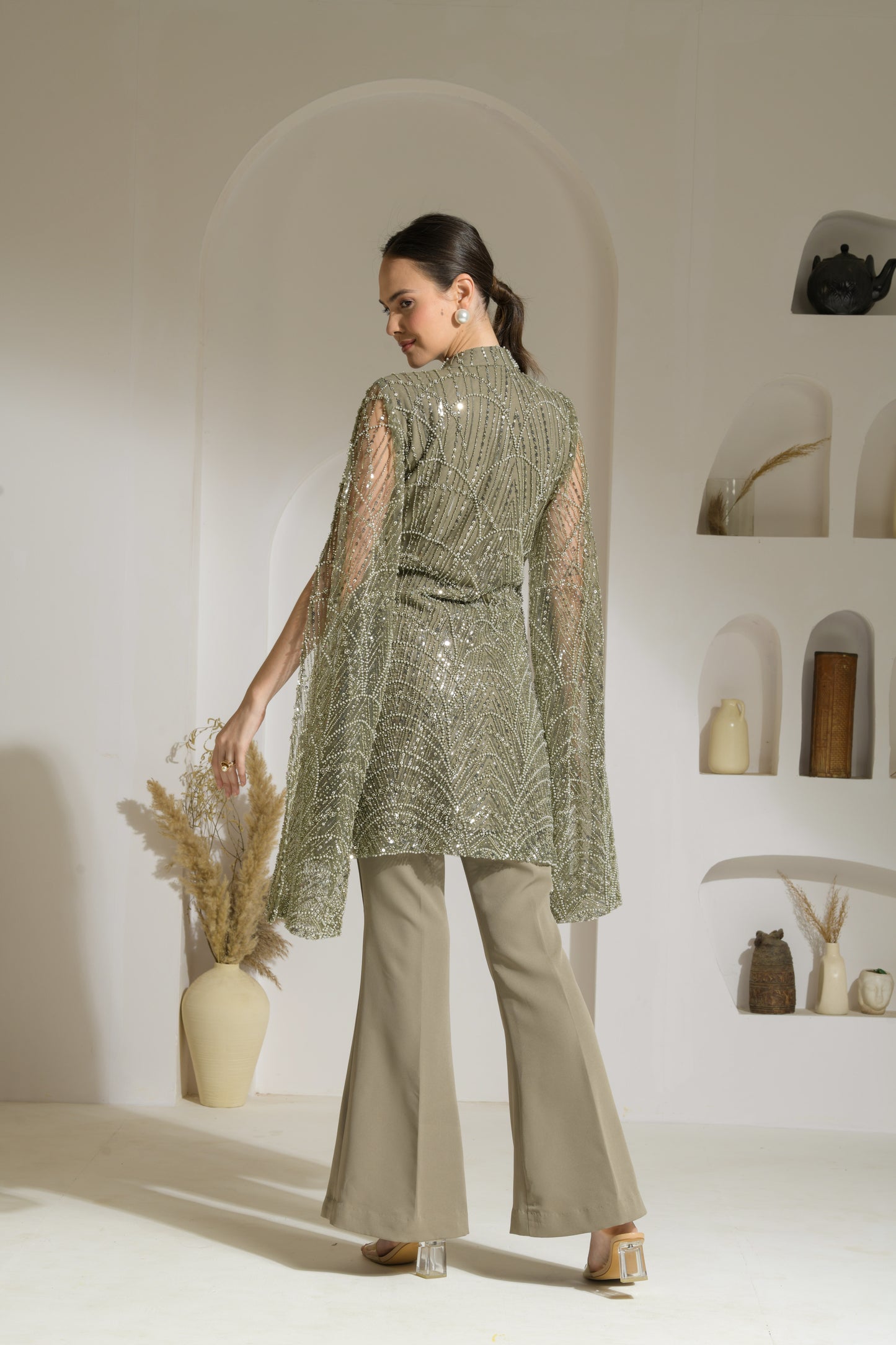 Sage Hand Embellished Cape Sleeves Tunic with Flared Pants - Set of 2