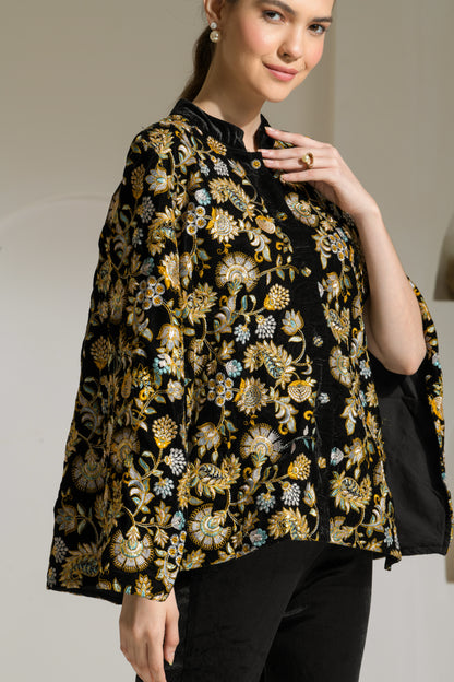 Sawera Coloured Floral Embroidered Velvet Cape