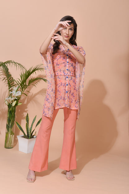 Eleanor in-house Print Georgette Kaftan with Belt and Crepe Crop Top and Flared Pants - Set of 3