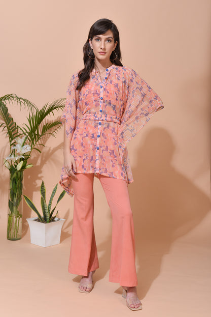 Eleanor in-house Print Georgette Kaftan with Belt and Crepe Crop Top and Flared Pants - Set of 3