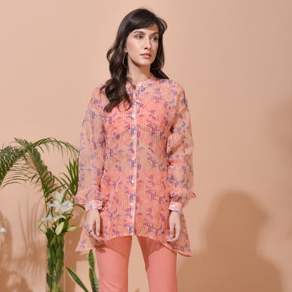 Eleanor in-house Print Organza Asymmetric Long Shirt