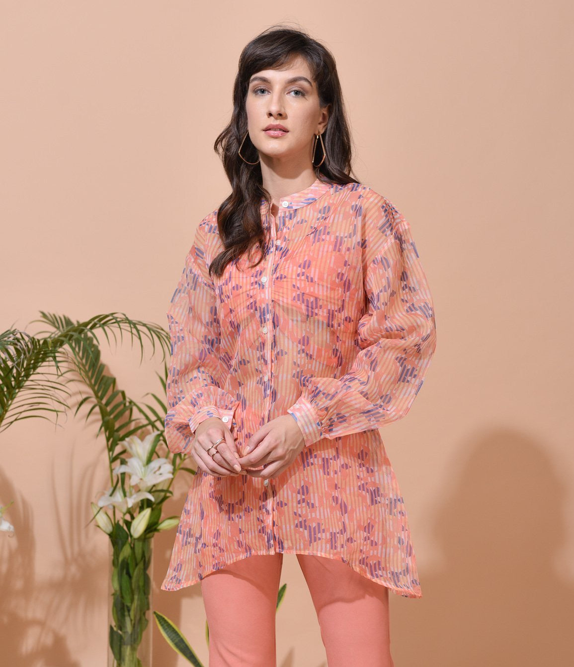 Eleanor in-house Print Organza Asymmetric Long Shirt