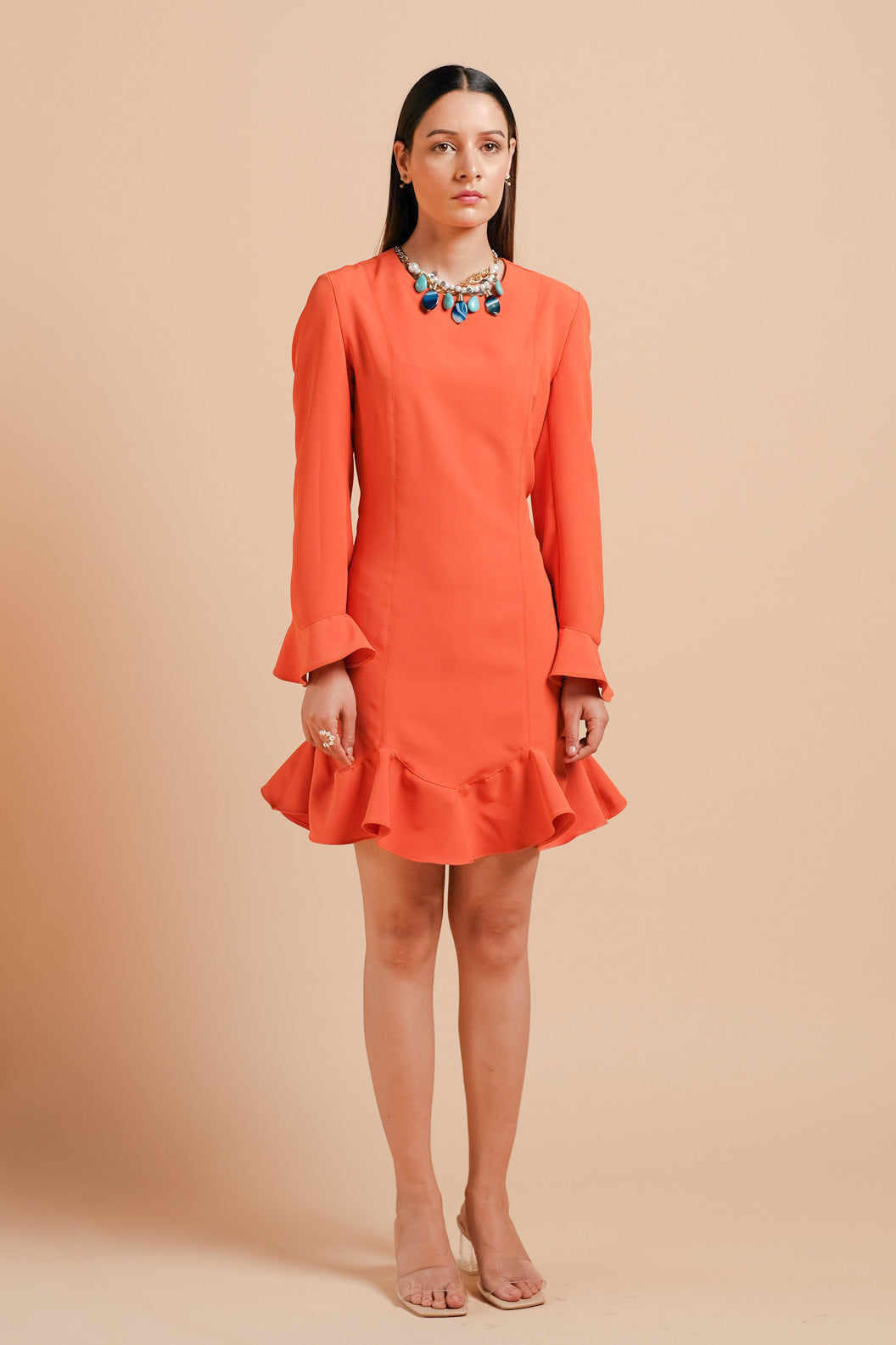 Canna Straight Fit Ruffle Dress ( Tangerine )