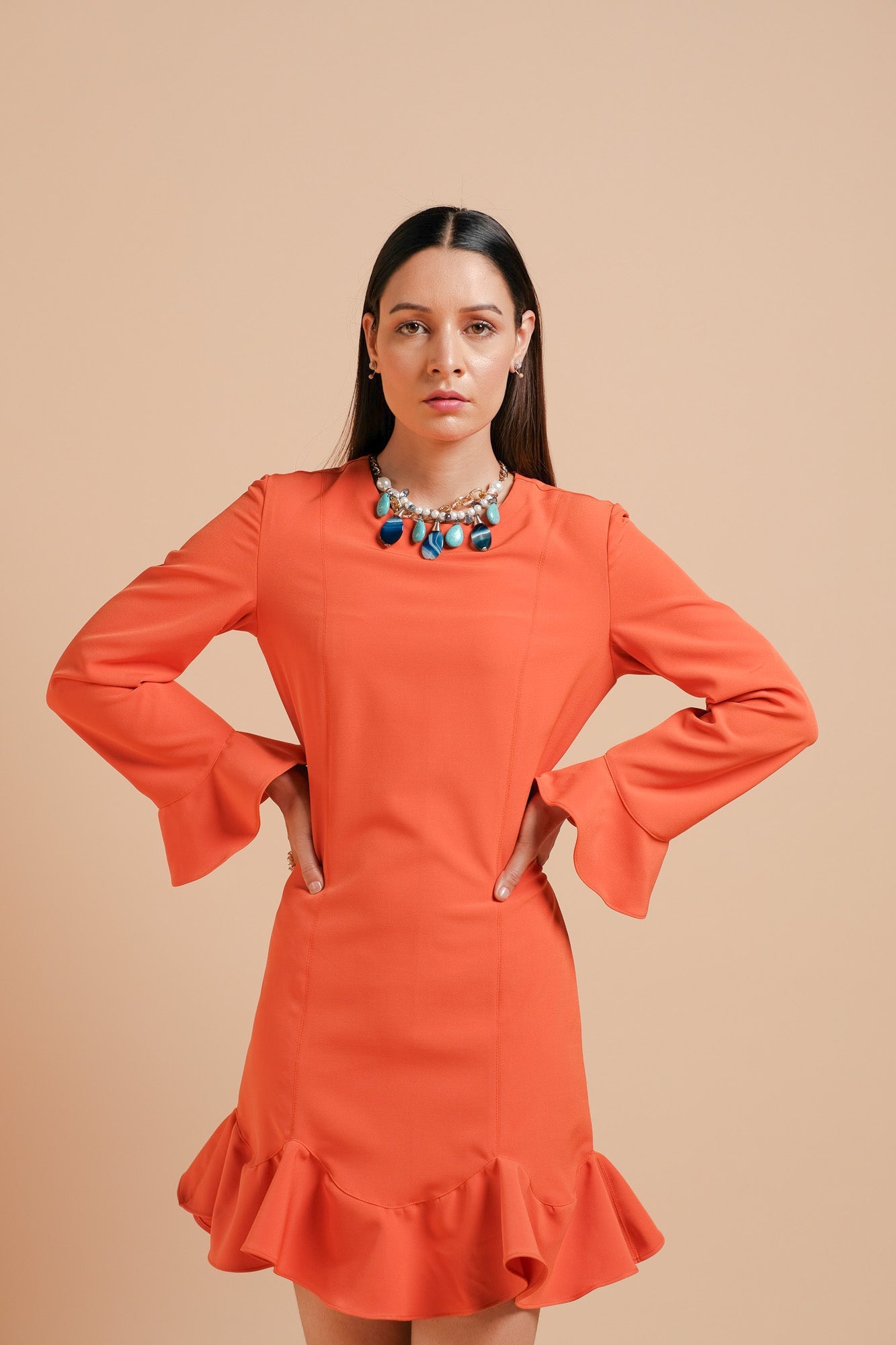 Canna Straight Fit Ruffle Dress ( Tangerine )