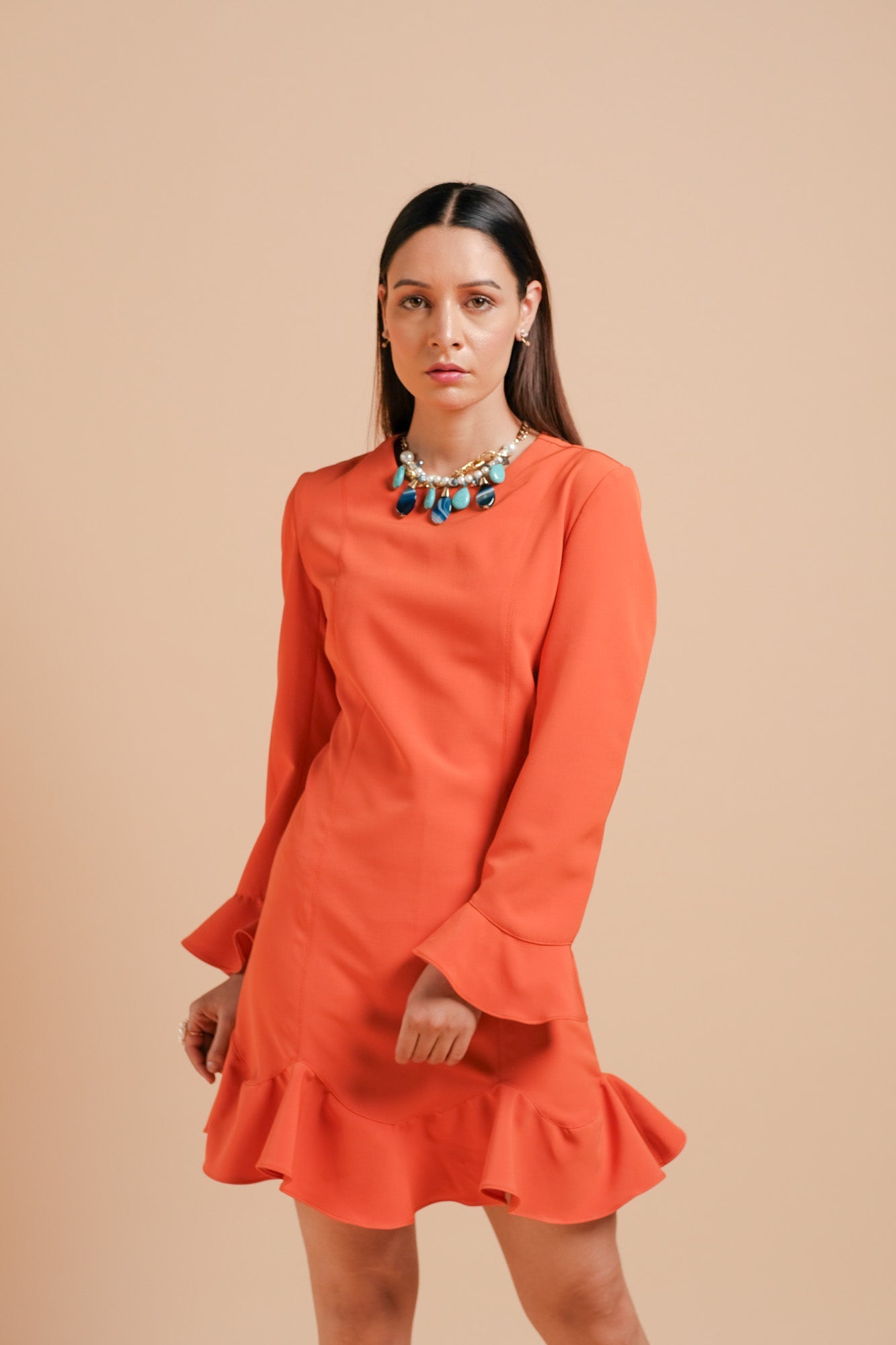 Canna Straight Fit Ruffle Dress ( Tangerine )