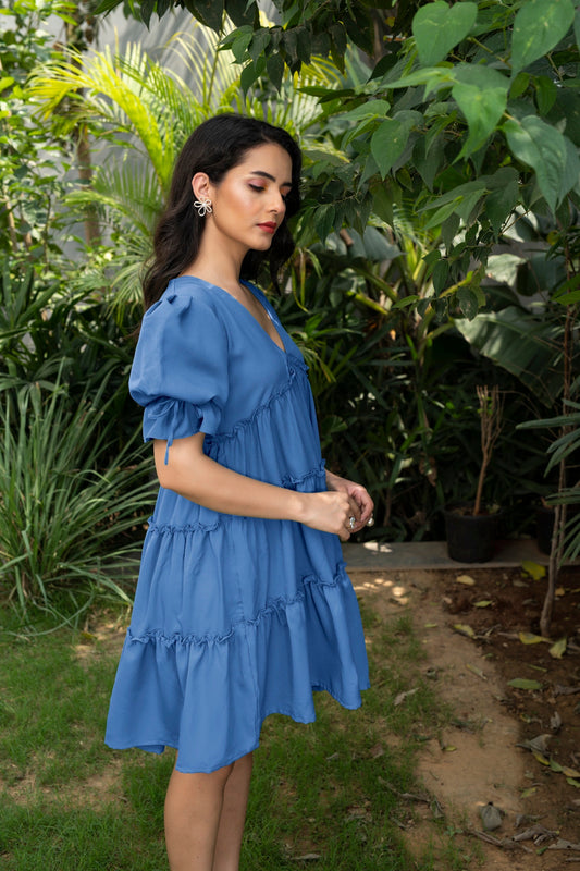 Summer High 3 Tiered Flared Dress - Steel Blue