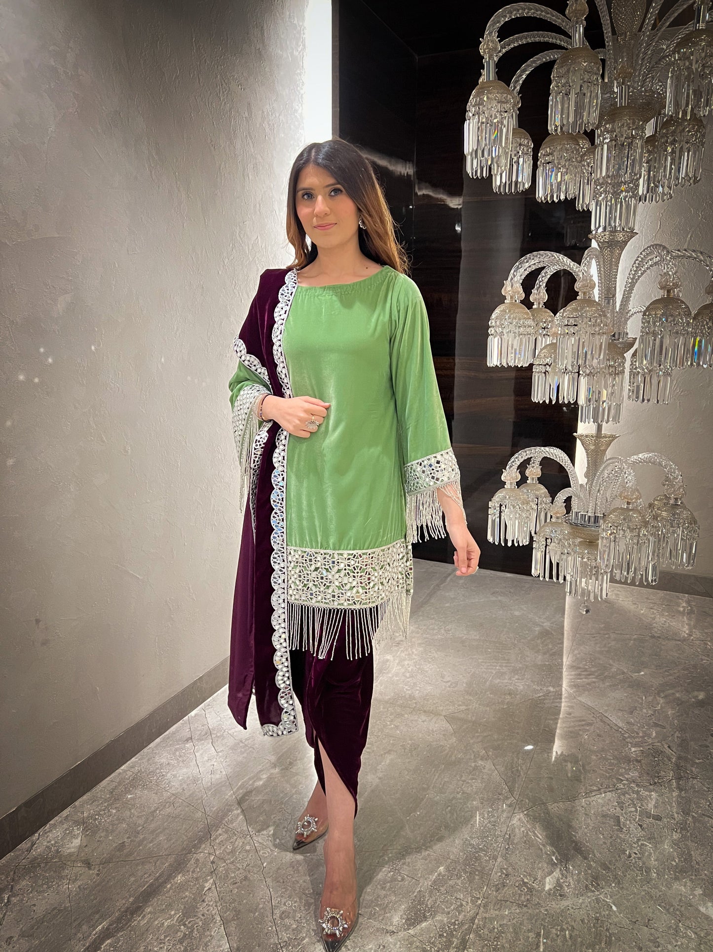 Gul Velvet mirror work A-line Kurta with Tulip Pants and Velvet Stole - Set of 3 ( Lime Green & Burgundy )