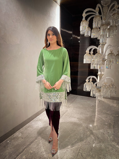 Gul Velvet mirror work A-line Kurta with Tulip Pants and Velvet Stole - Set of 3 ( Lime Green & Burgundy )