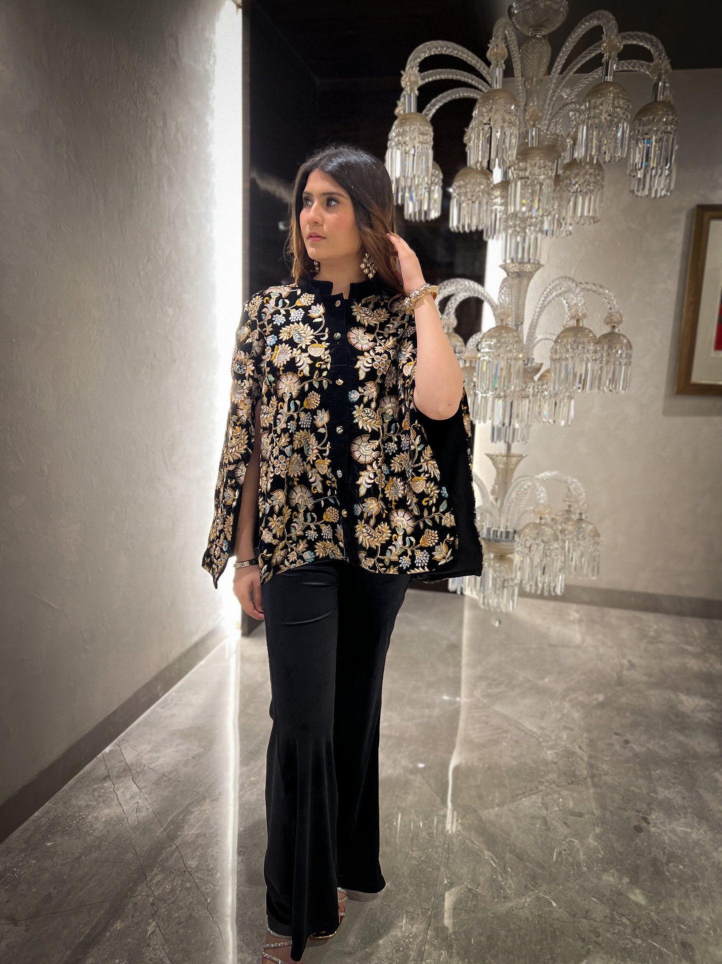 Sawera Coloured Floral Embroidered Velvet Cape