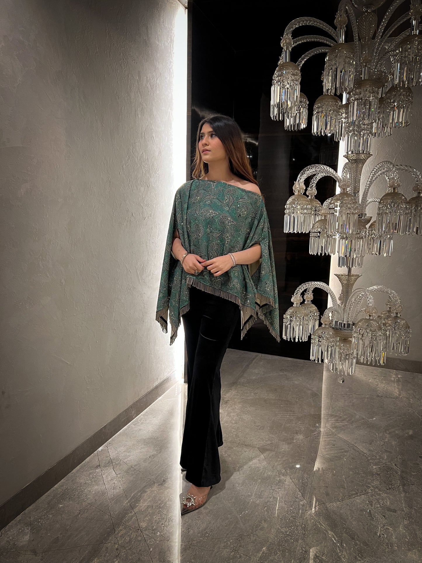 Aasira Printed Lurex Velvet Asymmetric Cape with Velvet Fit & Flared Trousers