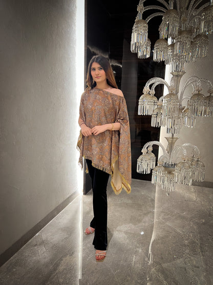 Aasira Printed Lurex Velvet Asymmetric Cape with Velvet Fit & Flared Trousers