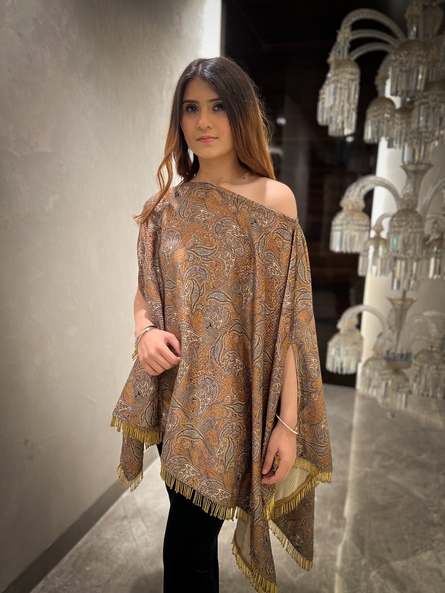 Aasira Printed Lurex Velvet Asymmetric Cape with Velvet Fit & Flared Trousers