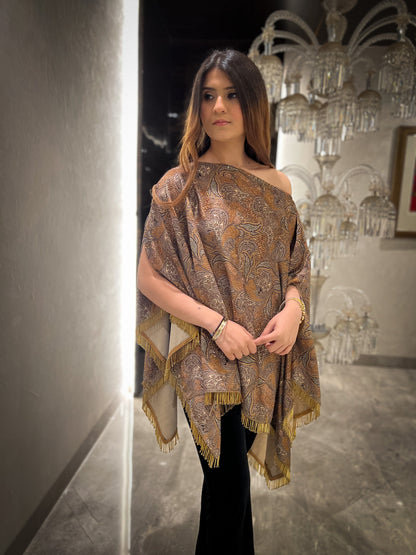 Aasira Printed Lurex Velvet Asymmetric Cape with Velvet Fit & Flared Trousers